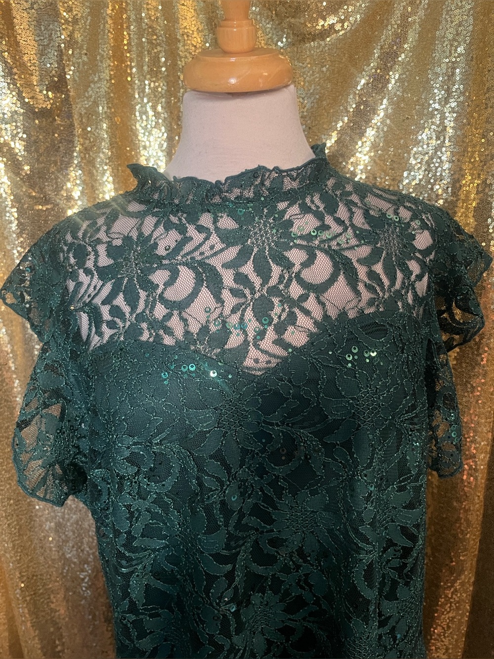 Emerald Green Lace Midi Dress with Sequined Overlay
